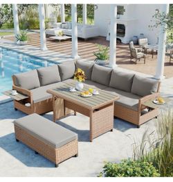 New-7-Seat Outdoor Patio Sofa Set: 5-Piece L-Shaped Sectional with Dining Table - 2 Extendable Side Tables & Washable Cushions for Backyard Poolside G