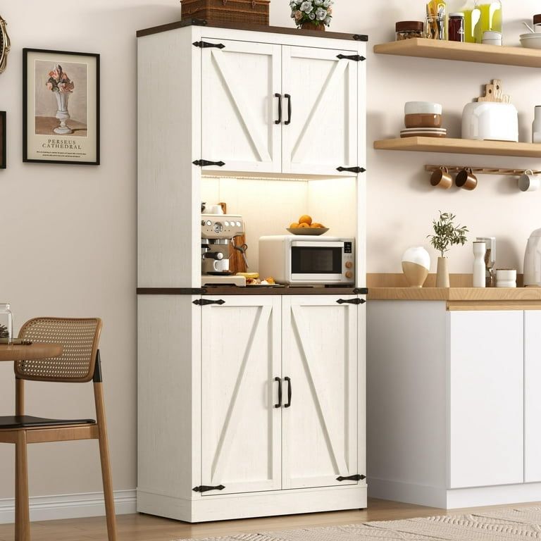 72" Tall Farmhouse Kitchen Pantry Cabinet with 10 Side Shelves and LED Light & Power Outlet, 5 Layers Pantry Storage Cabinet with Barn Doors&Load-Bear