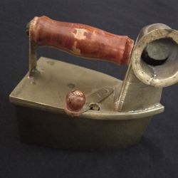 Antique Brass Coal Sad Iron with Wooden Handle 5.5"Lx3"Wx6"H