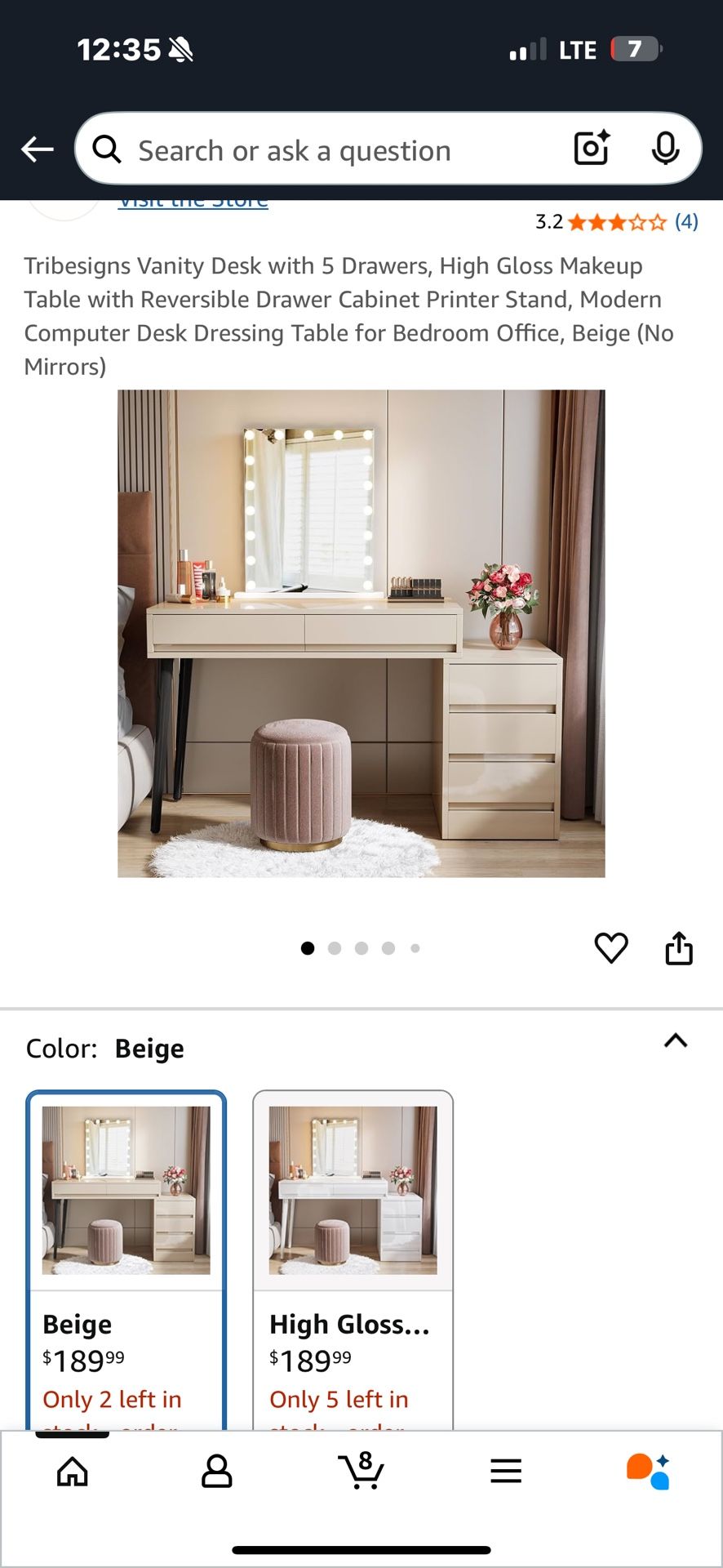 Vanity Desk with 5 Drawers, High Gloss Makeup Table with Reversible Drawer Cabinet Printer Stand, Modern Computer Desk Dressing Table for Bedroom Offi