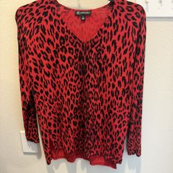 INC Red & Black Leopard Print Long Sleeve V-neck Sweater size Medium from Macy’s