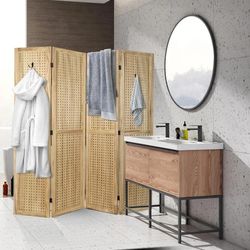 4 Panel Pegboard Display, Peg Board Room Divider Freestanding Folding Privacy Screens Display Stand for Craft Shows (Natural)