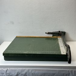 Vintage Premier Paper Cutter Guillotine Heavy Duty Cast Iron Green Wood Base