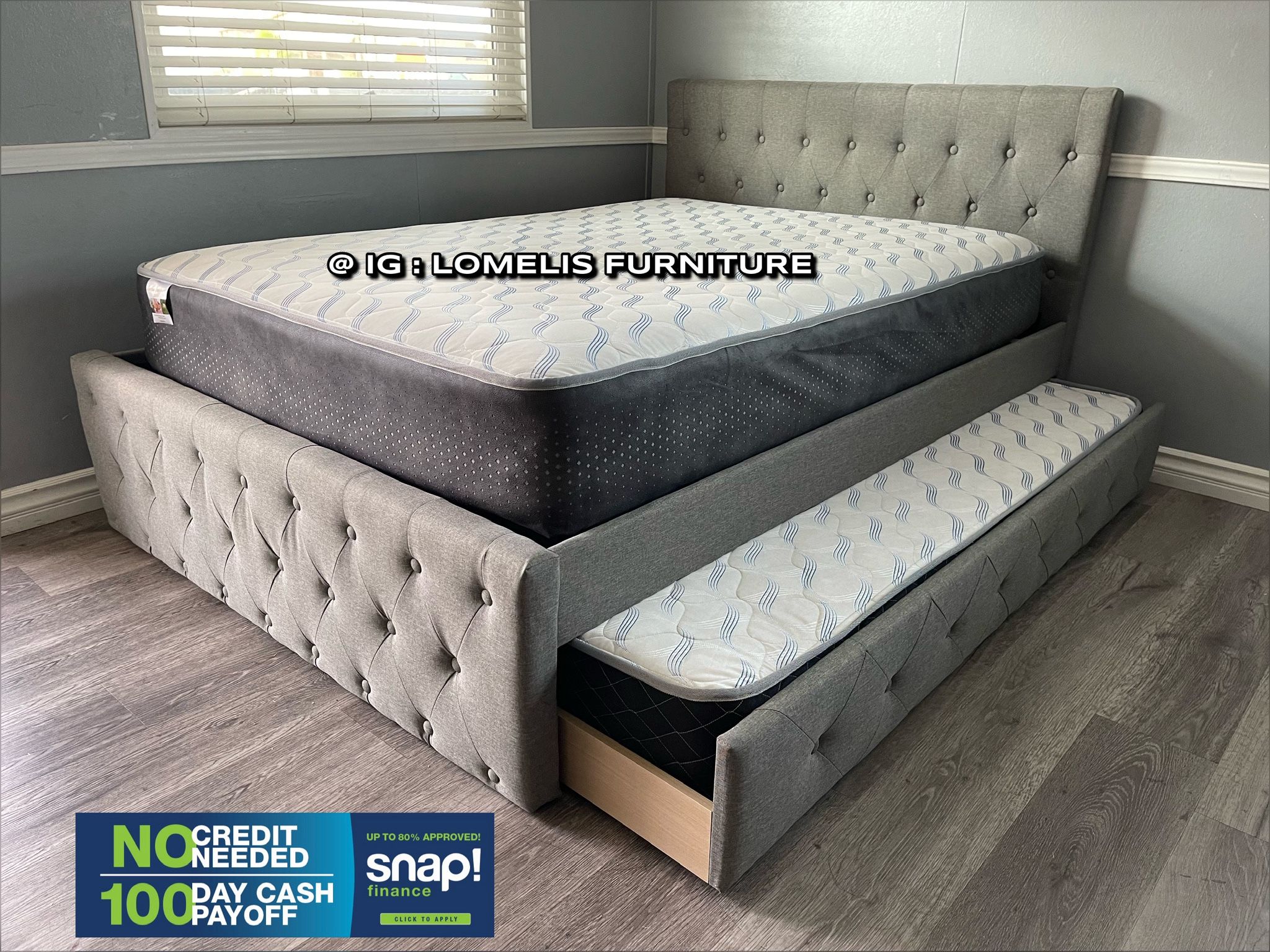 Full/Twin Gray Frenchi Tufted Trundle Beds W. Ortho Mattresses Included