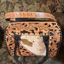 Medium Hand Tooled Genuine Leather Western Speedy Bag –  Genuine Cowhide Accent
