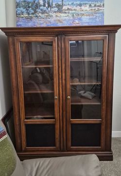 Wood bookcase with glass doors and large solid wood desk