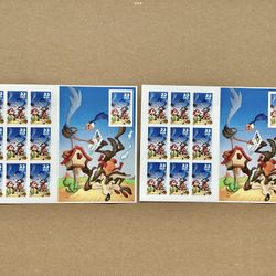 Vtg.Looney Tunes Series US Postage Stamps 2 Souvenir Sheets Road Runner Coyote