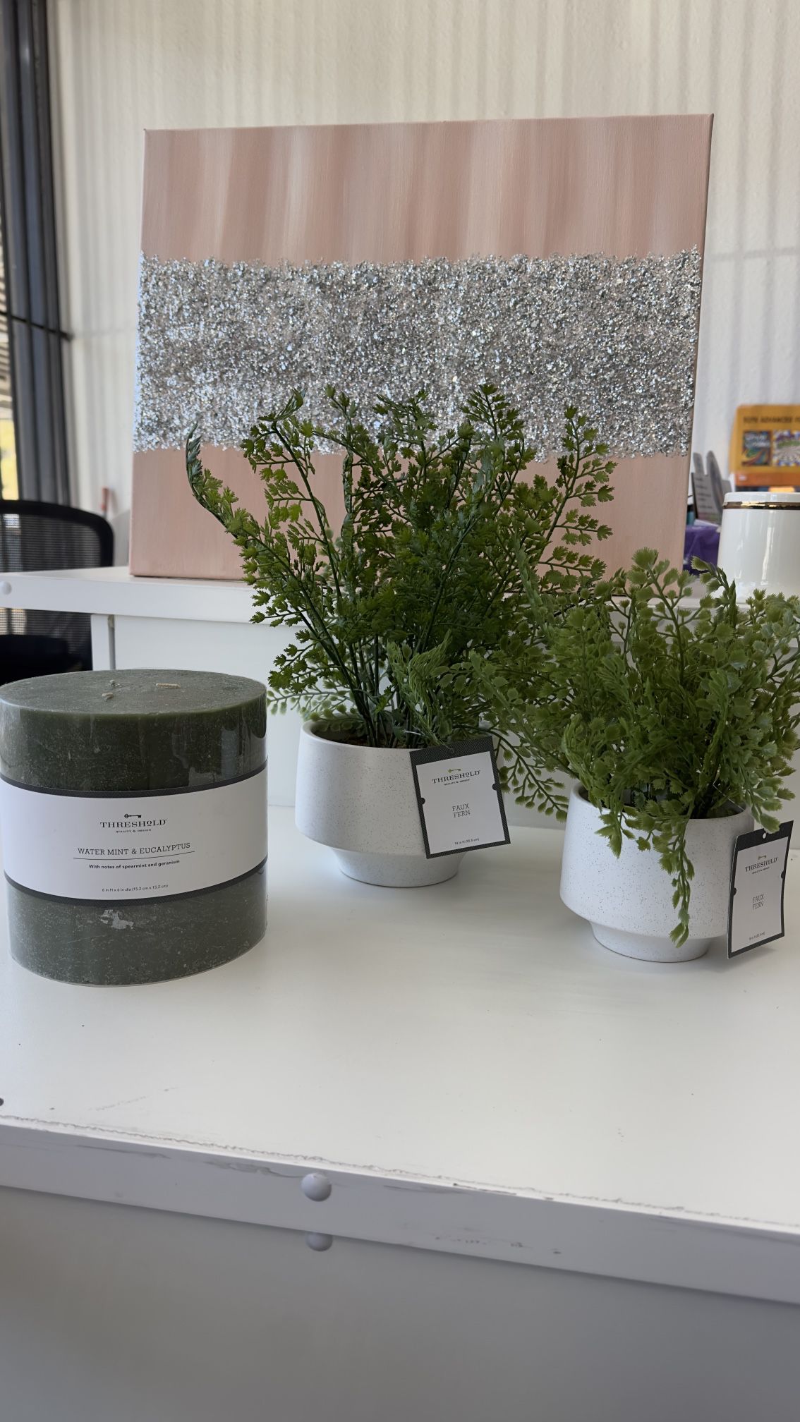 Threshold Mint & Eucalypts Candles and 2 fake plants