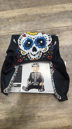 Infant 6-12 Mo Sugar Skull Halloween Costume Jumpsuit and Cap Dia De Los Muertos