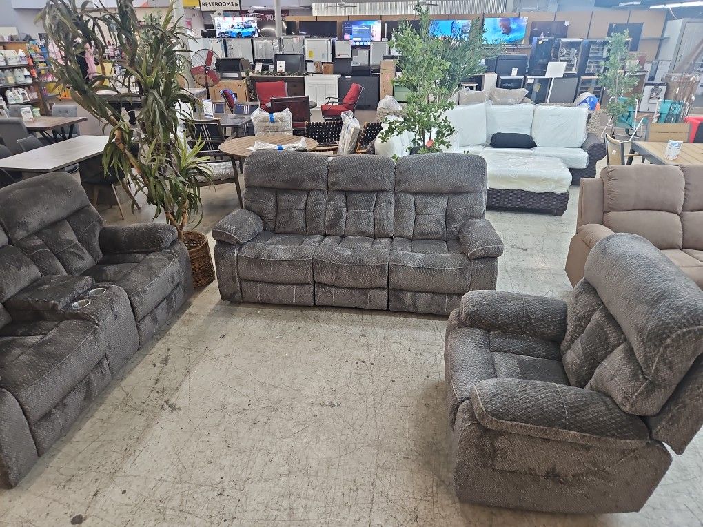 Mixed gray microfiber three piece room, recliner, sofa set with recliners and storage