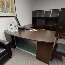 L Shaped Desk With Glass Modesty And Hutch