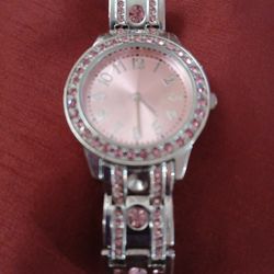 Very Nice Ladies Silver With Pink Diamonds Accents Watch