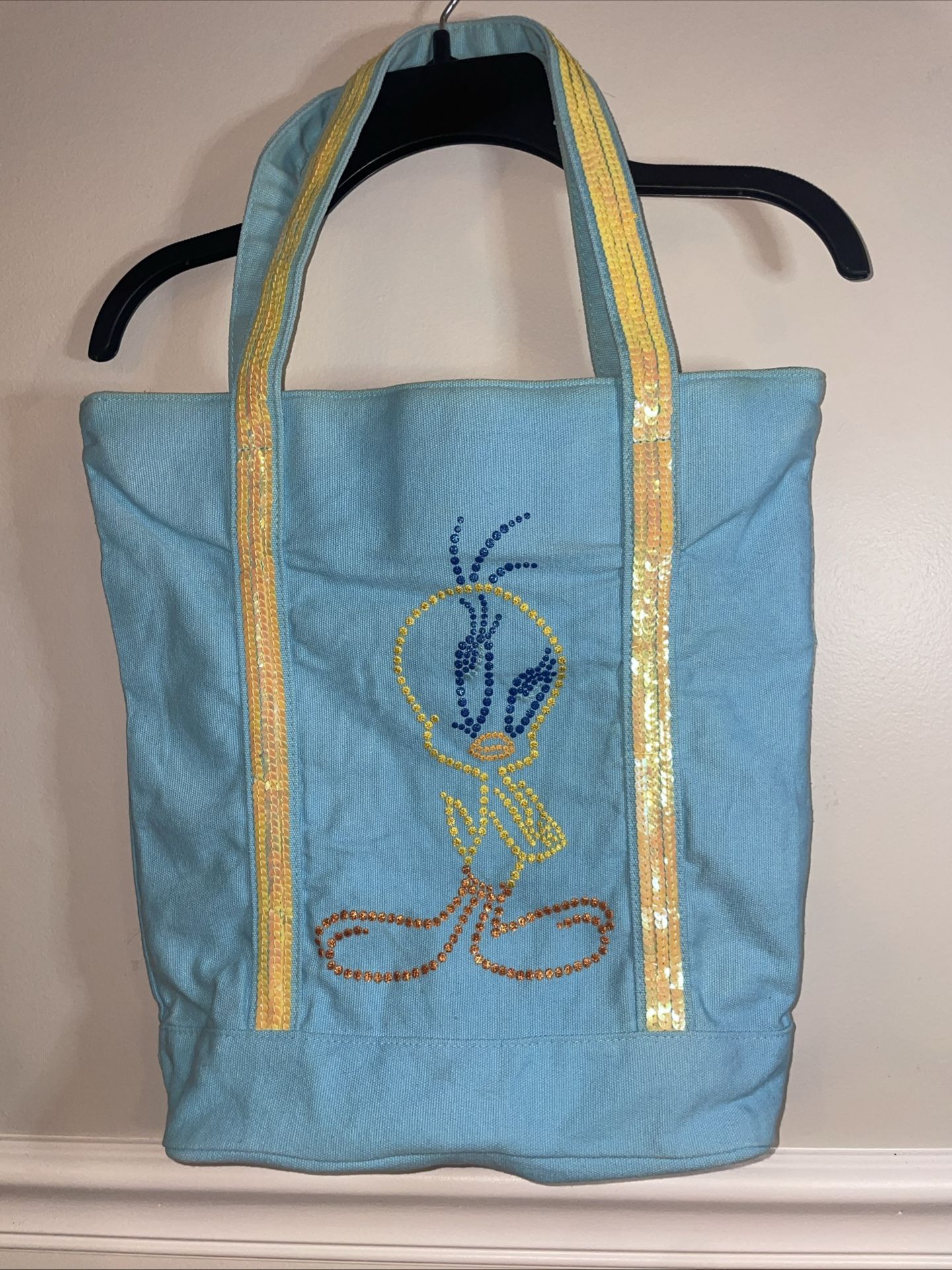 Vintage Warner Bros. Tweety Bird Blue Sequin Canvas 13"Tote Large Bag. (#18)