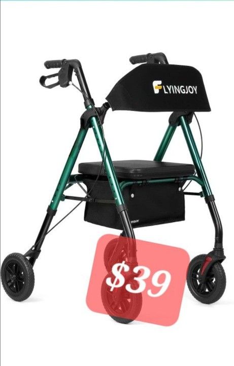 FlyingJoy Rollator Walker Green 8" Large 4 Wheels Rollator Walkers for Seniors with Seat Locking Brakes Adjustable Seat and Arms Aluminum Medical Walk