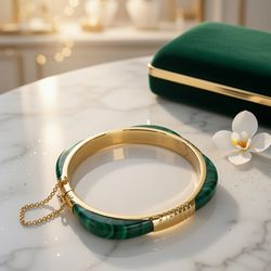 Malachite Yellow Gold RARE Bangle Hinged Bracelet 1950-60's