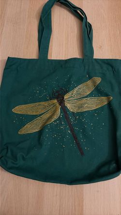 Green Canvas Tote Bag with Dragonfly Print