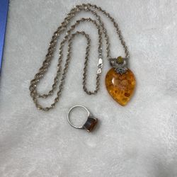 925 Sterling Silver Necklace Pendant & Ring 32.5g