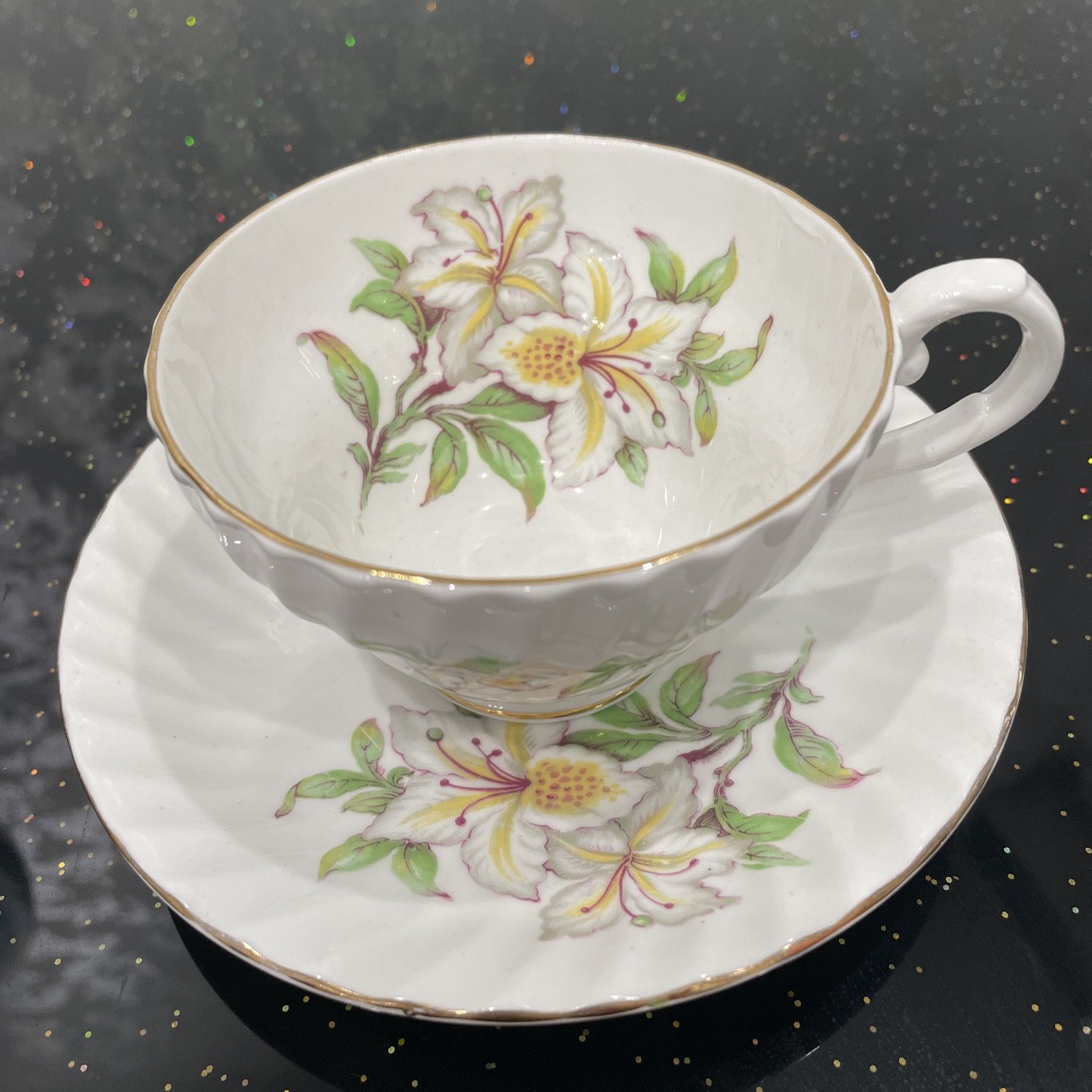 Vintage Stanley Fine Bone China Orchid Teacup and Saucer Orchid Floral. England.