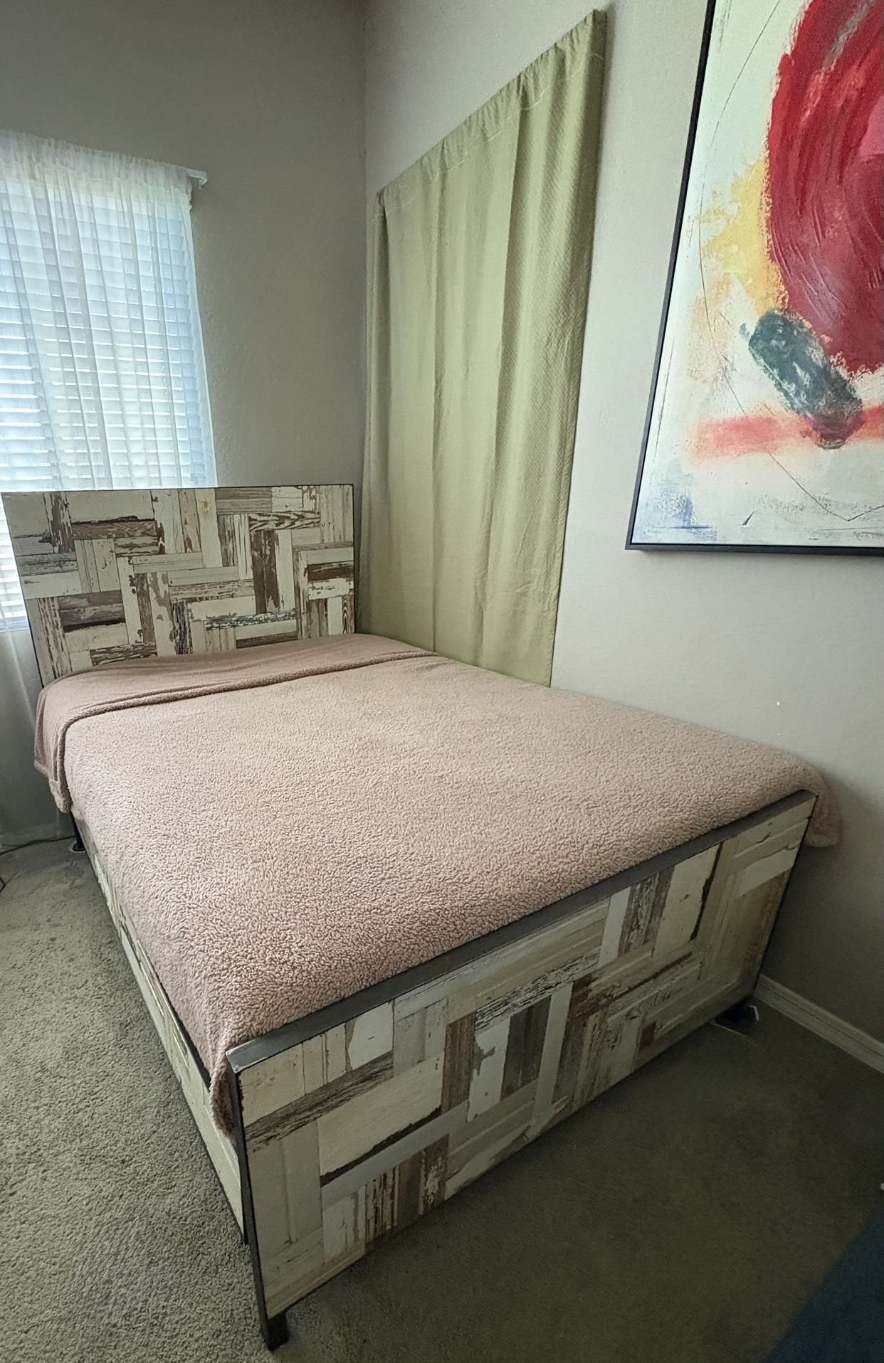 Vintage Anthropology Full/Queen Wood And Metal Solid Bed Frame With Slats No Box Spring Needed