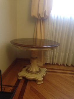 Round wooden table (antique) - have 2 matching small tables