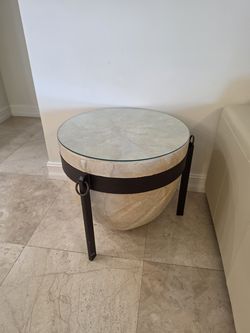 2 White Limestone & Glass Side Tables - Vintage Postmodern