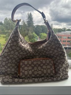 Coach Brown Signature Canvas Shoulder Bag with Leather Trim and Matching Wallet