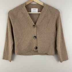ZARA Caramel Brown Tan Ribbed Button Up V-neck Pullover Cardigan Sweater