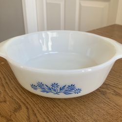 Vintage Anchor Hocking Casserole Round Dish #436 White Glass Blue Flowers NO LID