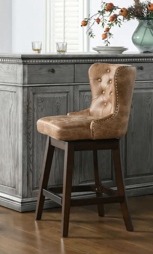 Jennifer Taylor Tan Brown Faux Leather Tufted High-Back 360° Swivel Counter-Height Barstool