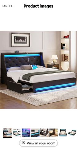 Queen Bed Frame w/LED Lights, Charging Station, PU Leather Bed w/Drawers (+ mattress optional)