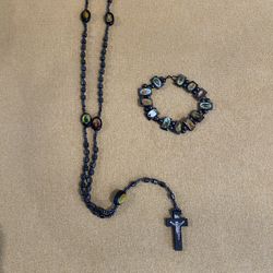 Religious Black Beaded Necklace & Bracelet - Cross w Images