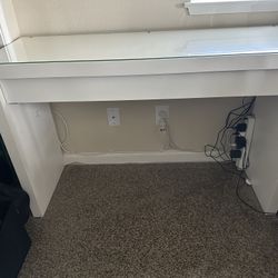 White Vanity Desk w/ Glass Top + Large Drawer, Excellent Condition