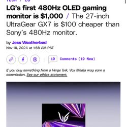LG OLED Gaming Monitor 27” 480hz $400 Off Retail Price