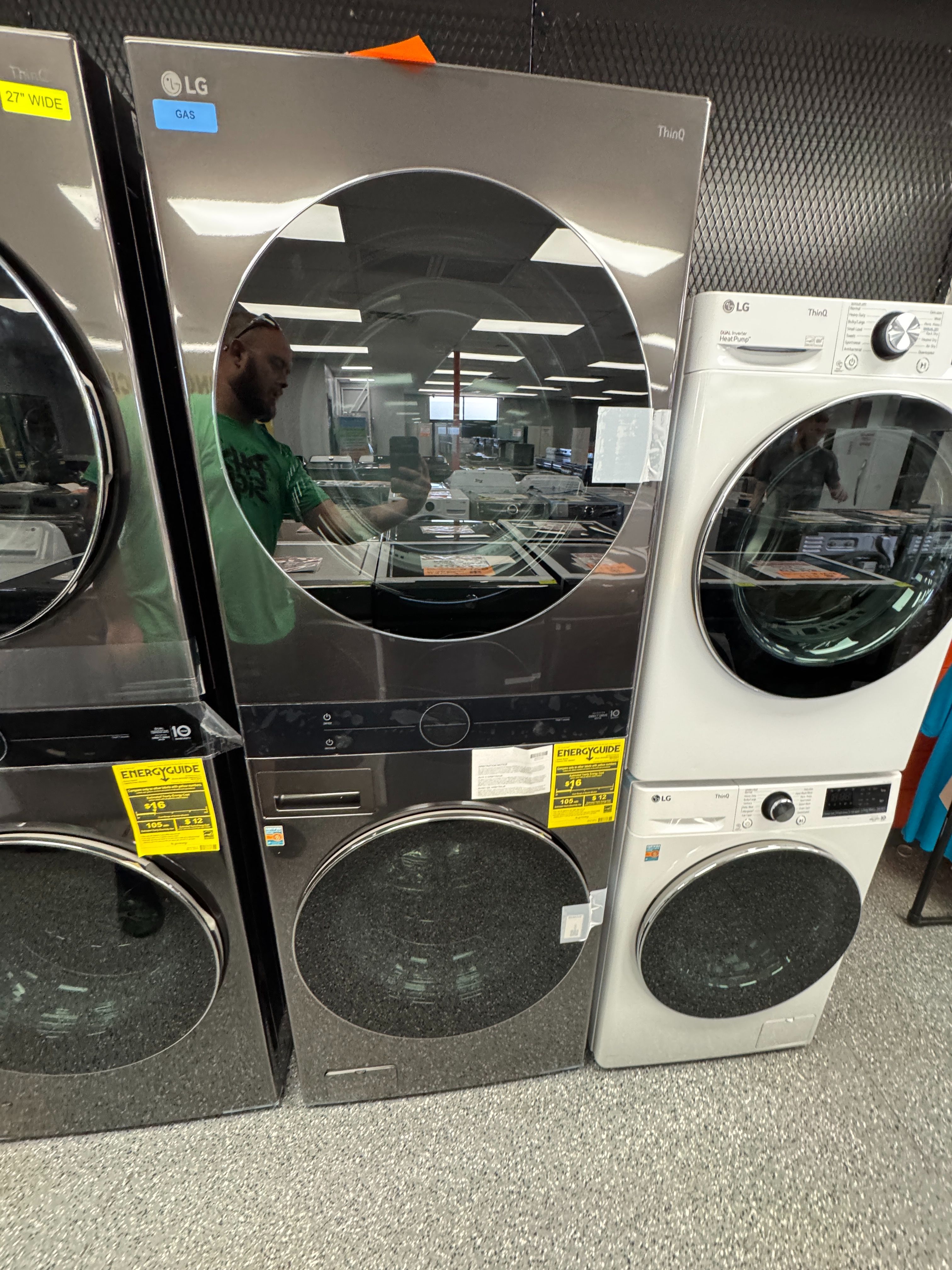 Graphite LG Washer 4.5 cu ft and 7.4 cu ft Gas Dryer Stacked Set. Units are new open box scratch and dent