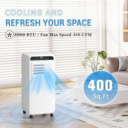 8,000 BTU Portable Air Conditioner, 3 in 1 AC Unit with Built-in Cool, Dehumidifier & Fan Modes for Room up to 400sq.ft, with Remote Control, 24 Hour 