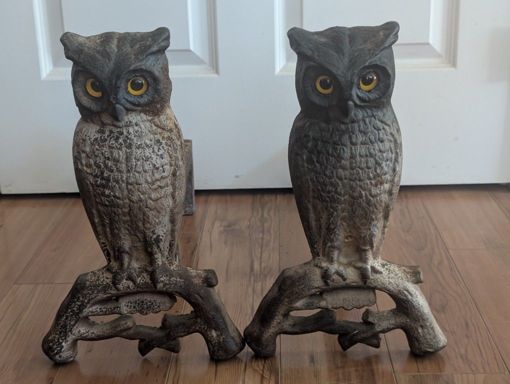 Vintage Cast Iron Owl Fireplace Andirons Glass Eyes