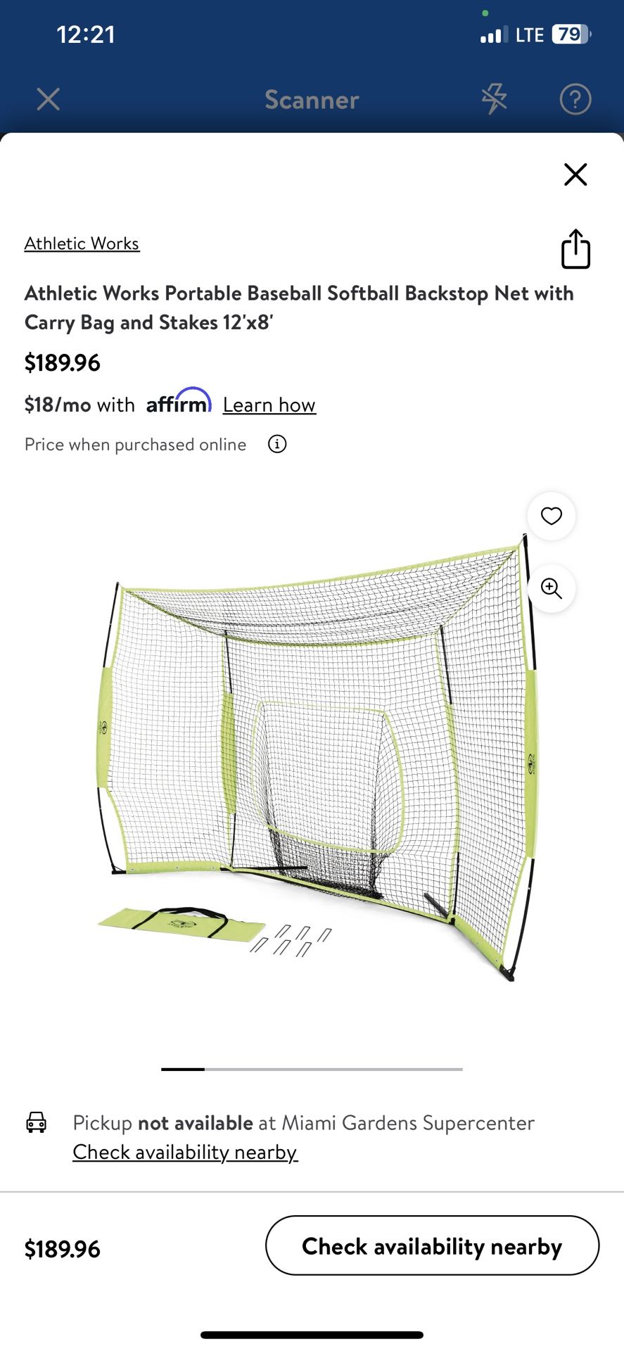 Athletic Works Portable Baseball Softball Backstop Net with Carry Bag and Stakes 12'x8'