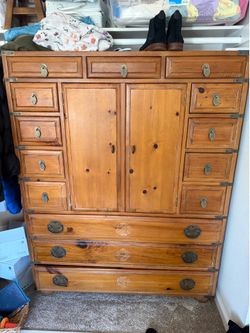 Vintage Henredon set Asian-Style Wooden Armoire Chest, Dresser and matching Nightsands