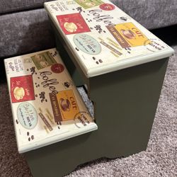 Cute Unique Vintage Style Coffee Theme Green Painted Wood Decorative Step Stool