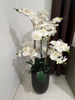 Large Faux White Orchid Arrangement in Black Planter – Elegant Home Décor