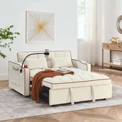 3 in 1 Sleeper Sofa Couch Bed, Velvet Convertible Loveseat Futon Sofa w/Pullout Bed, Adjustable Backrest, with USB Port and Ashtray and Swivel Phone 