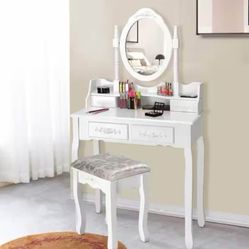 2-Piece White Vanity Wood Makeup Dressing Table Stool Set Jewelry Desk with 4-Drawer and Mirror