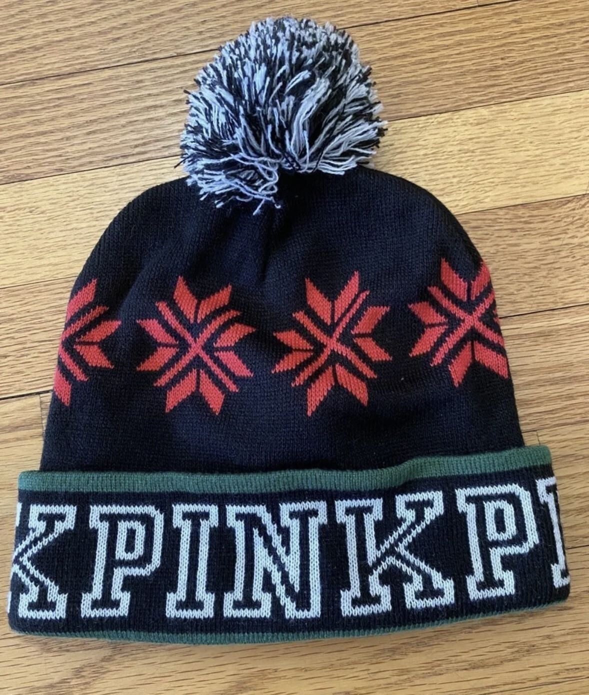 PINK Victoria’s Secret Pom Pom Hat OS Black Red Limited Edition Snowflake Beanie