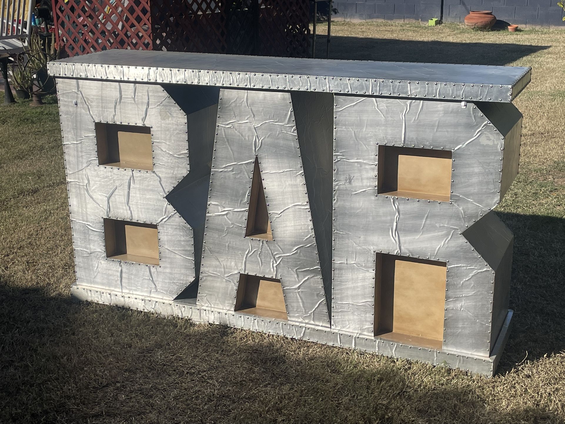 Custom Industrial Wood & Metal Spell-Out Letters Embossed Alphabet  BAR w/ Storage~ biker ~ mechanic