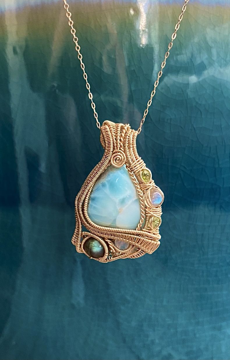 Larimar Gemstone Wire Wrapped Necklace Pendant