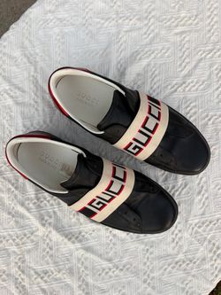 Gucci Ace Black Leather Logo Strap Sneakers