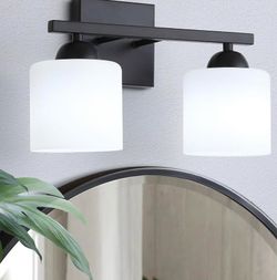 2-Light Matte Black Vanity Light, Modern Bathroom Light Fixtures Over Mirror, Vanity Light with Milky White Glass Shades, Farmhouse Black Wall Sconce,