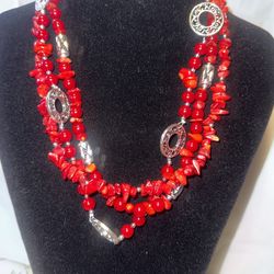 PREMIER DESIGN SILVER TONE RED CORAL CHIP STONES AND BALLS NECKLACE