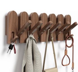 Walnut Wood Wall-Mounted Coat Rack with 8 Retractable Hooks