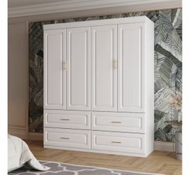 Modern 63" 4-Door Wardrobe Armoire with Hanging Rail and 4 Drawers - Gold - White